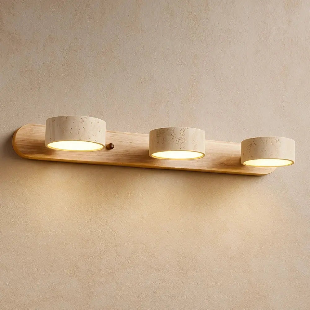 Odika travertine wall light, wood finish, three lights, Ø51 x H6 cm | Wickleigh