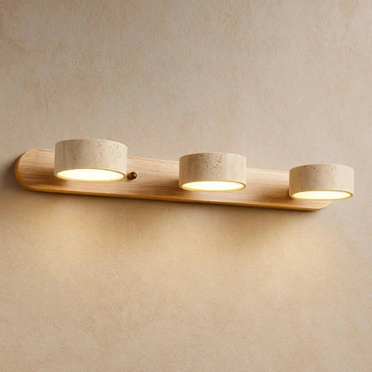 Odika travertine wall light, wood finish, three lights, Ø51 x H6 cm | Wickleigh