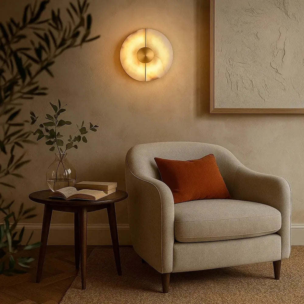 Brova wall light, backlit alabaster marble disc | Wickleigh
