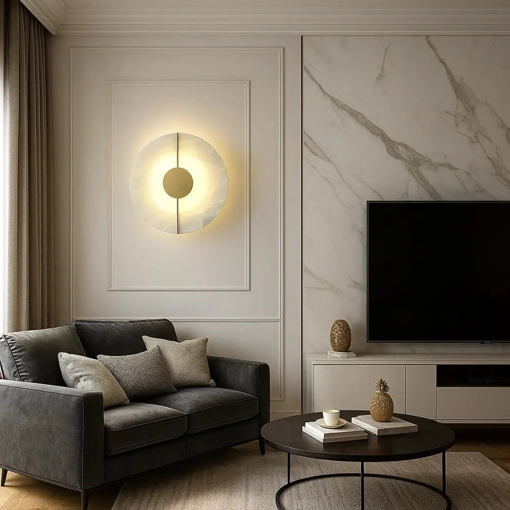 Brova wall light, backlit alabaster marble disc | Wickleigh