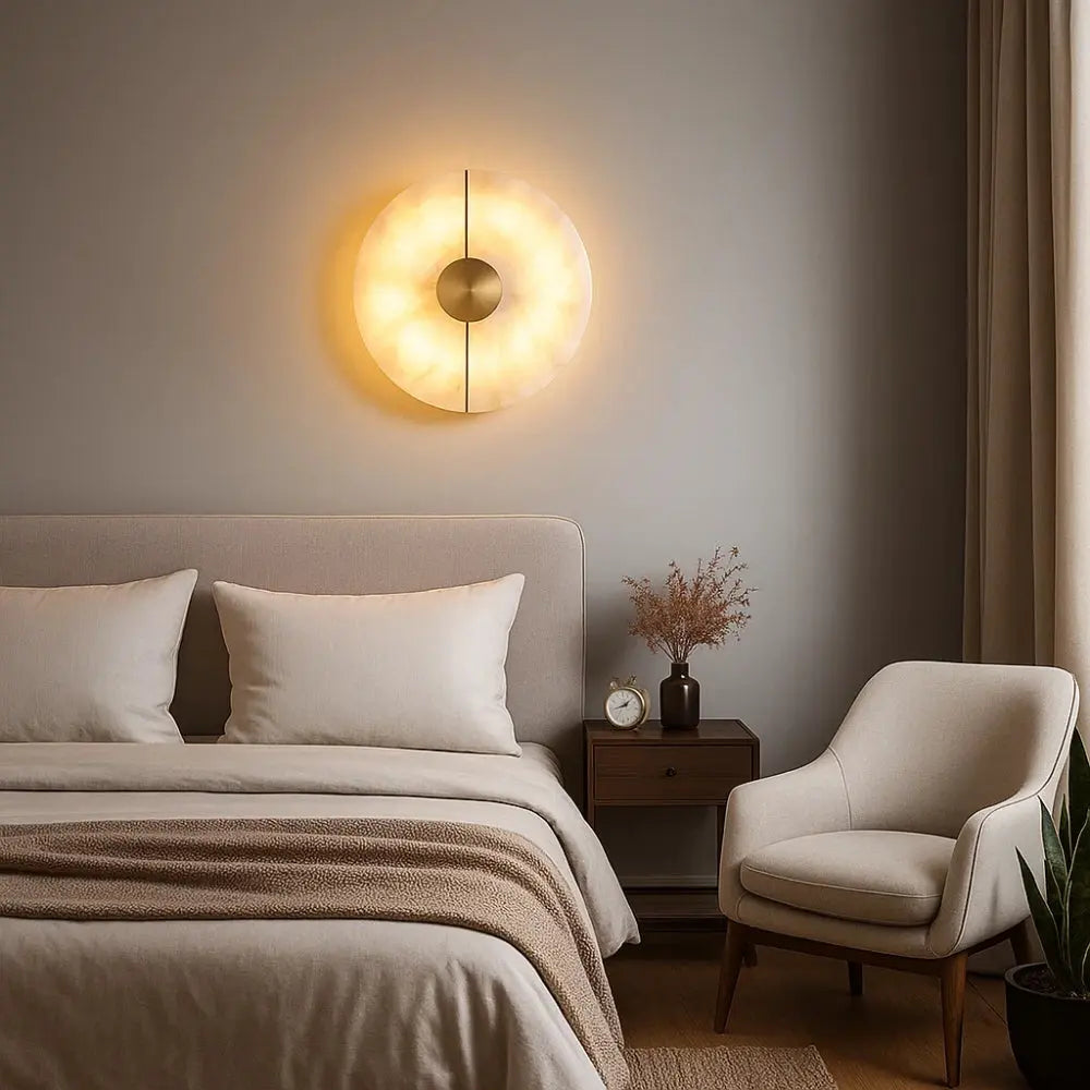 Brova wall light, backlit alabaster marble disc | Wickleigh
