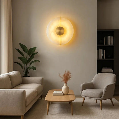 Brova wall light, backlit alabaster marble disc | Wickleigh
