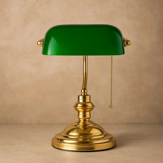 Ralen banker's desk lamp, green glass shade | Wickleigh