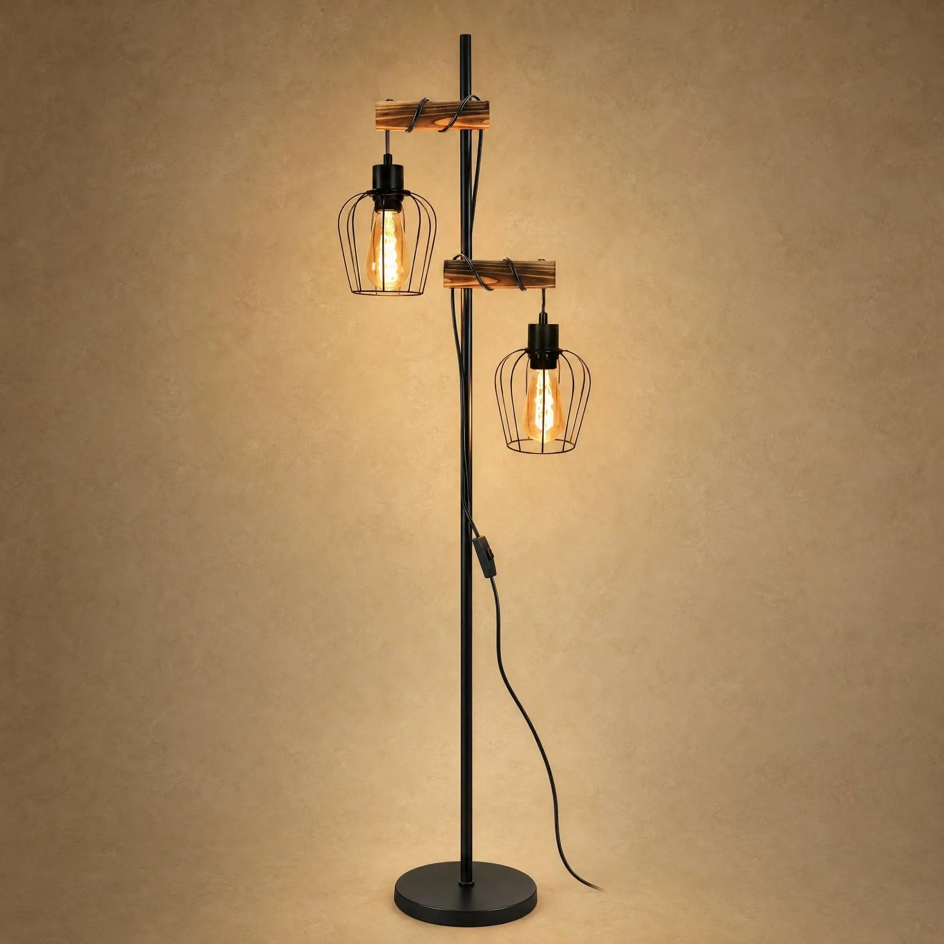 Telna industrial floor lamp, 2 heads, black iron cages and amber wood | Wickleigh