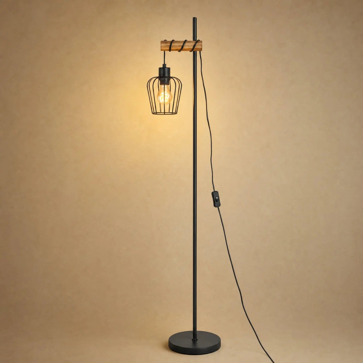 Telna industrial floor lamp, 1 head, black iron cage and Edison bulb | Wickleigh
