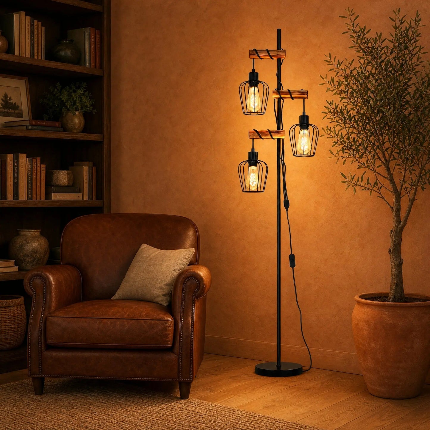Telna industrial floor lamp, 3 heads, lit in a sitting room with a cognac leather armchair | Wickleigh