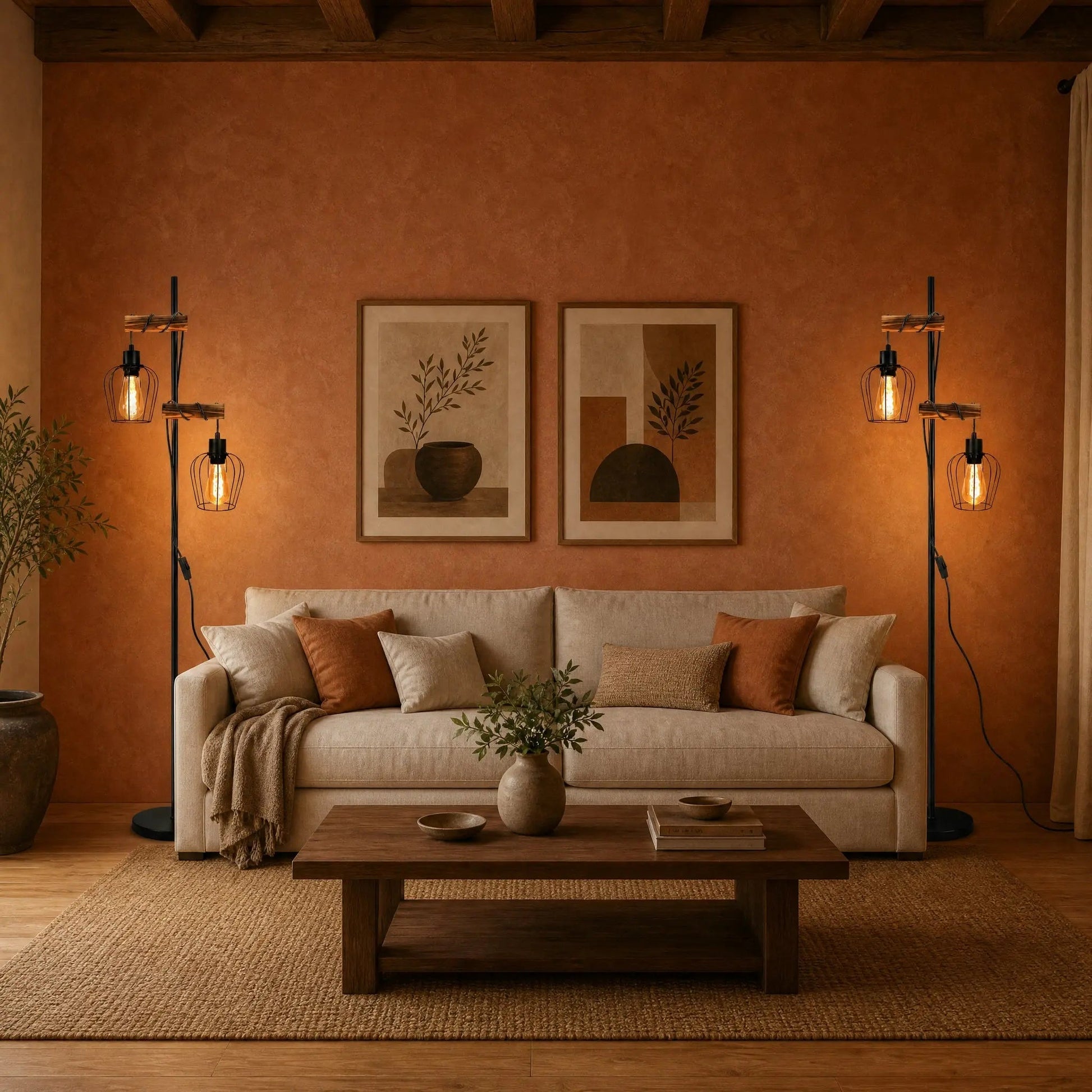 Two matching Telna industrial floor lamps framing a sofa | Wickleigh