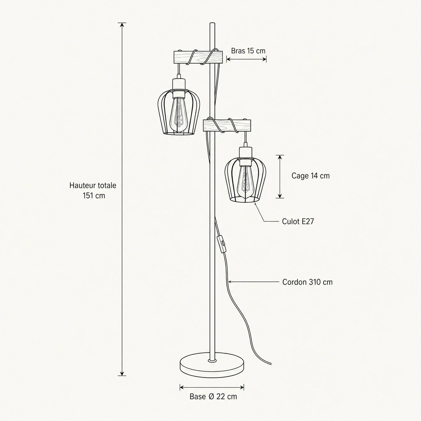 Dimension diagram of the Telna floor lamp, height 151 cm and base 22 cm | Wickleigh