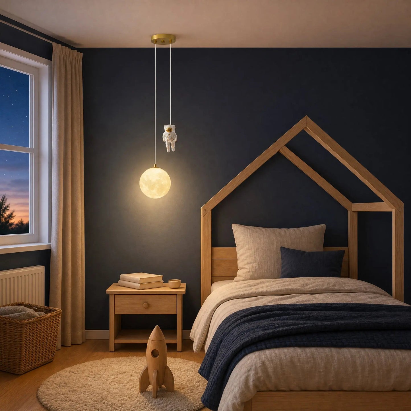 Tevrin moon pendant light lit at dusk in a boy's bedroom with a cabin bed | Wickleigh