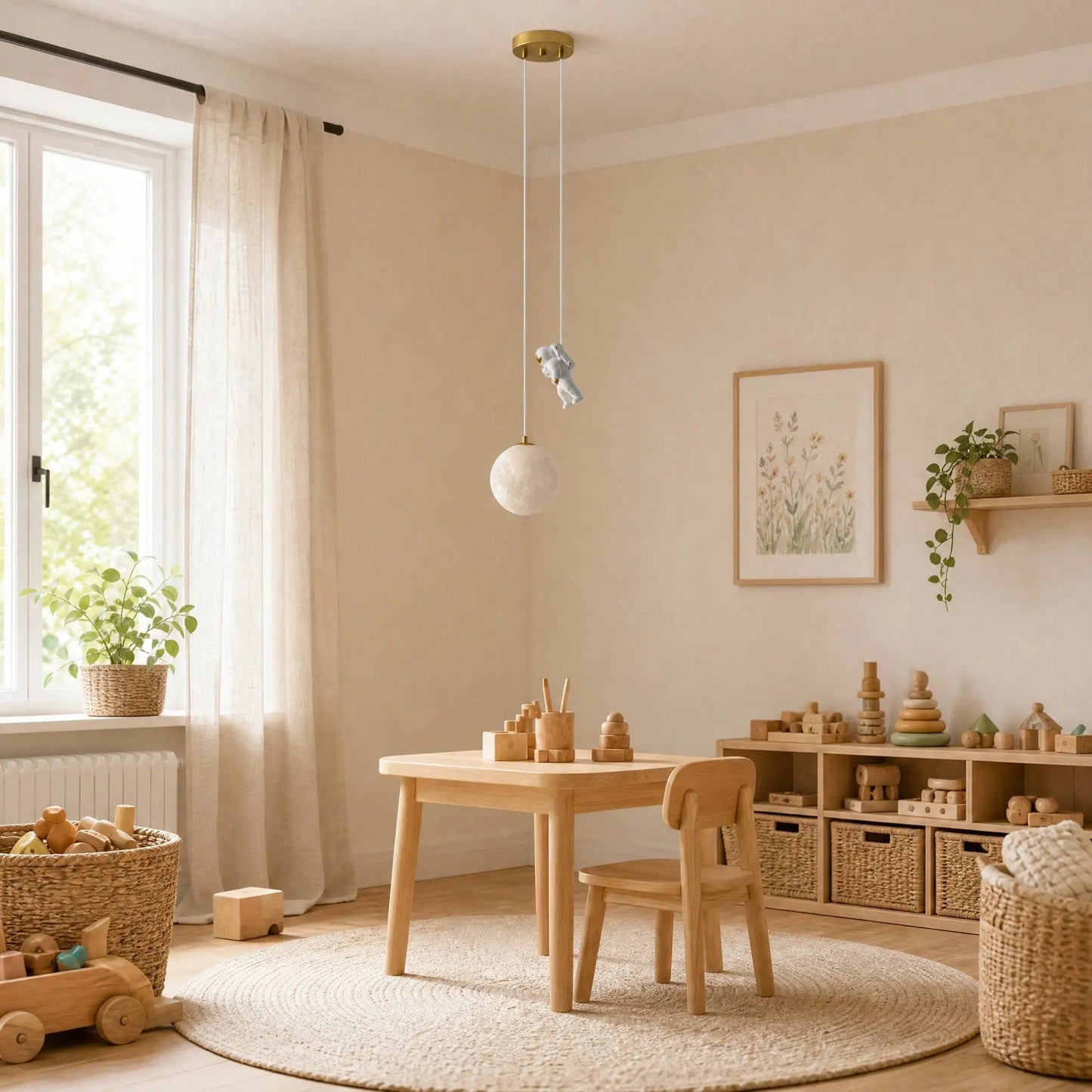 Tevrin moon pendant light, unlit, above a child's play table in daylight | Wickleigh