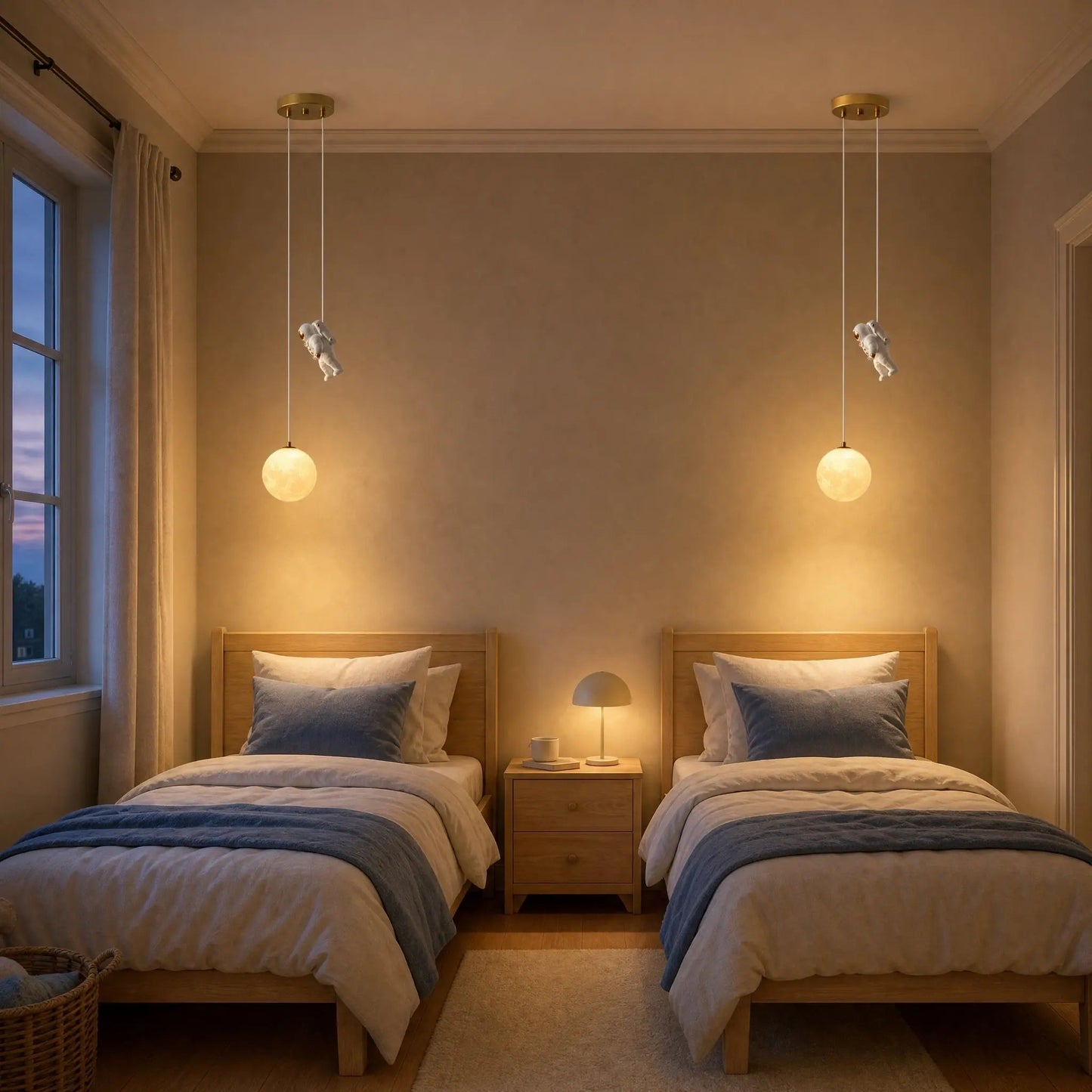 Two Tevrin moon pendant lights lit in a shared bedroom with two beds | Wickleigh