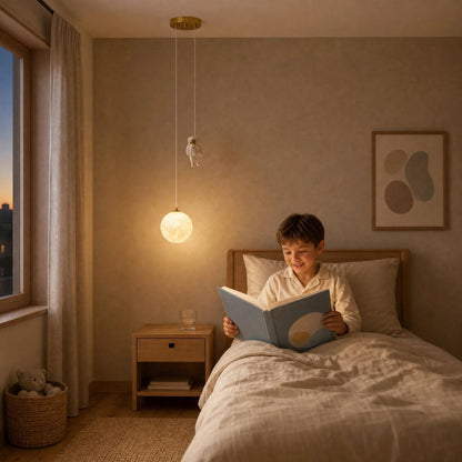 Child reading under the lit Tevrin moon pendant light at bedtime | Wickleigh