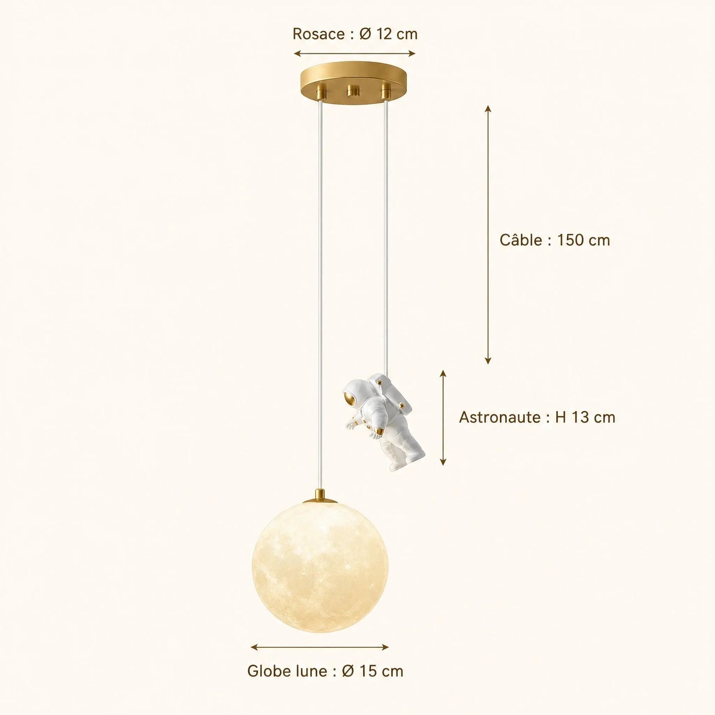 Dimension diagram of the Tevrin moon pendant light, 15cm globe and 150cm cable | Wickleigh