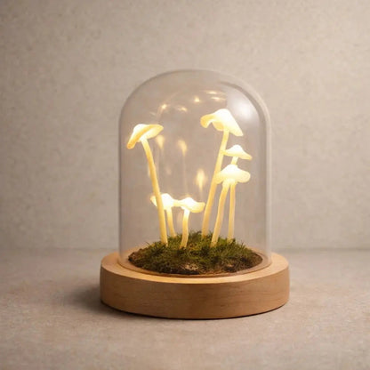 Tylna mushroom lamp under glass dome, wood base | Wickleigh