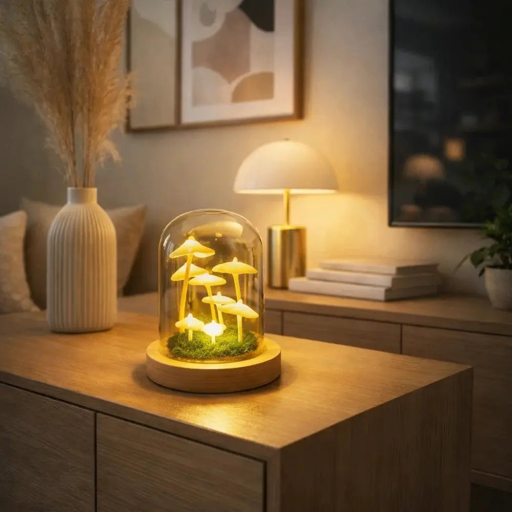 Tylna mushroom lamp under glass dome, wood base | Wickleigh