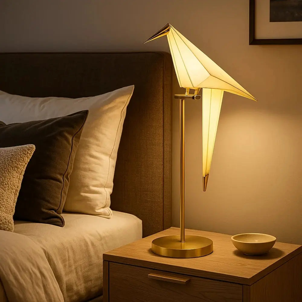 Eiwyn floor lamp, gilded folded-paper bird design, packshot | Wickleigh