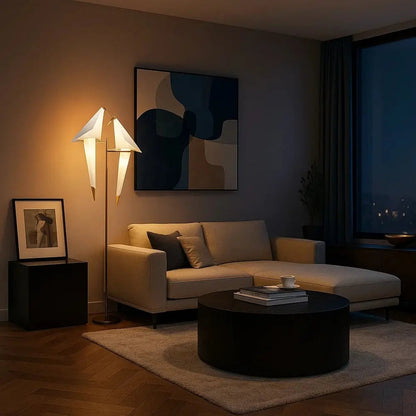 Eiwyn floor lamp, gilded folded-paper bird design, packshot | Wickleigh