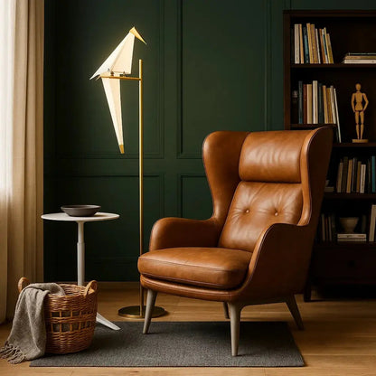 Eiwyn floor lamp, gilded folded-paper bird design, packshot | Wickleigh