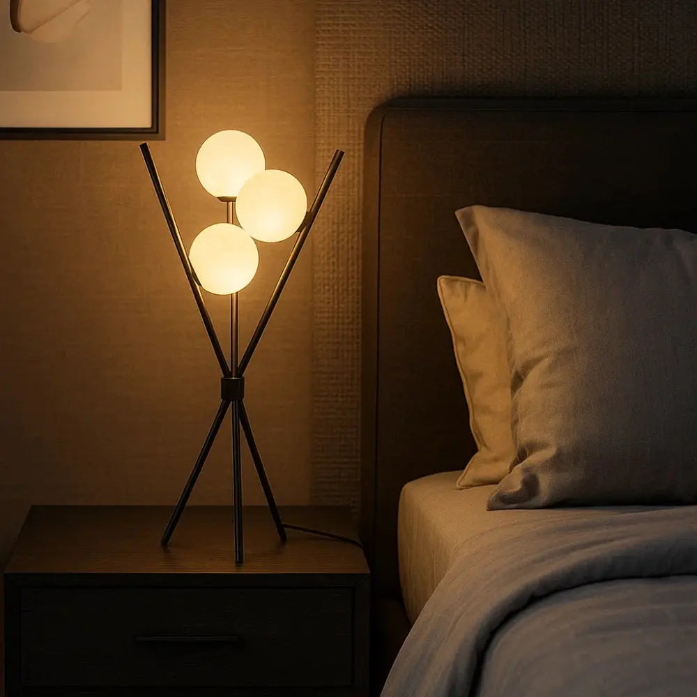 Unnra tripod lamp, three frosted glass spheres, packshot | Wickleigh