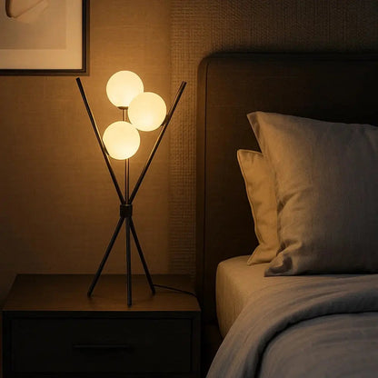 Unnra tripod lamp, three frosted glass spheres, packshot | Wickleigh