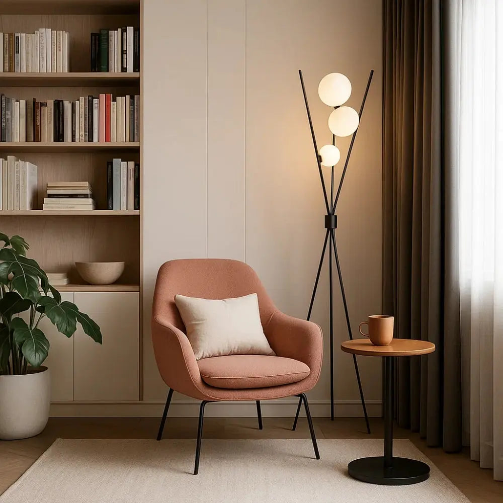 Unnra tripod lamp, three frosted glass spheres, packshot | Wickleigh
