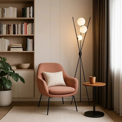 Unnra tripod lamp, three frosted glass spheres, packshot | Wickleigh