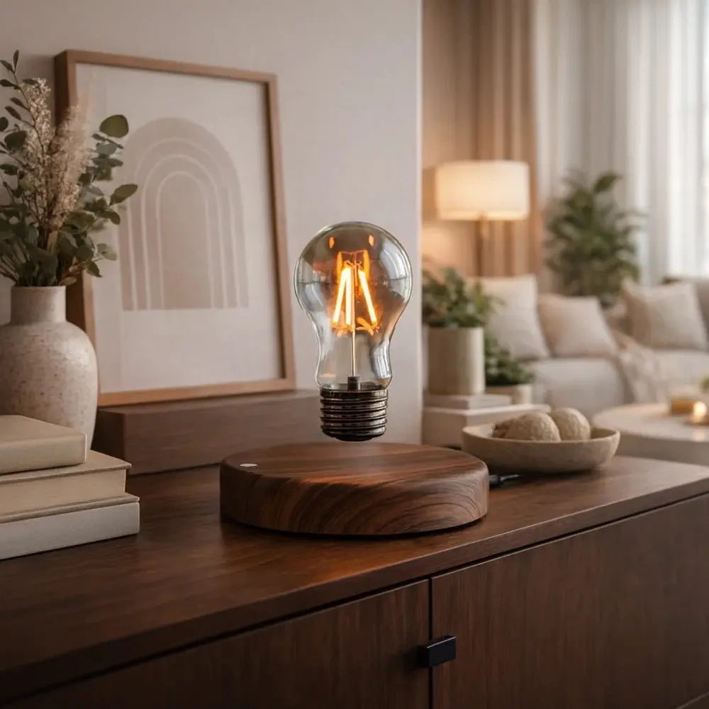 Vorren table lamp, levitating Edison bulb on wood base | Wickleigh