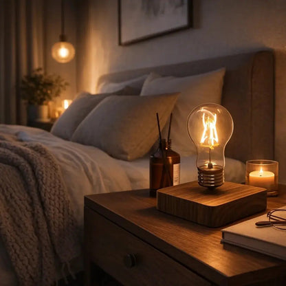 Vorren table lamp, levitating Edison bulb on wood base | Wickleigh