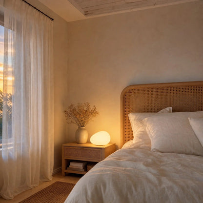 Edlen pebble table lamp lit on a whitewashed wood nightstand in a romantic bedroom at dusk | Wickleigh