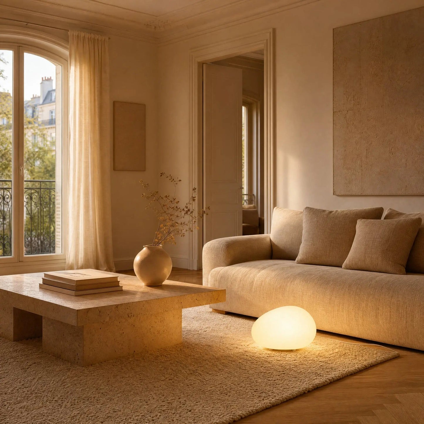 Edlen pebble lamp set on a wool rug beside a travertine coffee table | Wickleigh