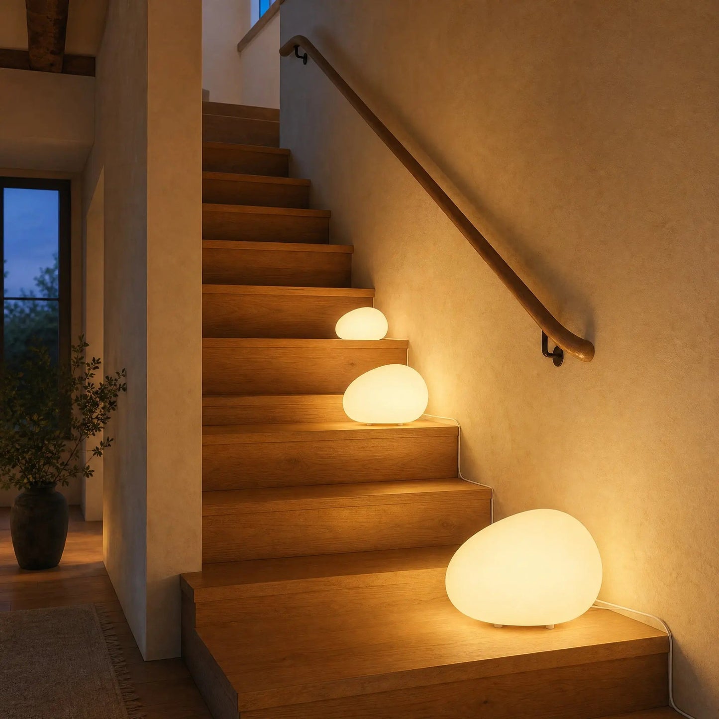 Three Edlen pebble lamps in three sizes lit on the steps of an oak staircase | Wickleigh