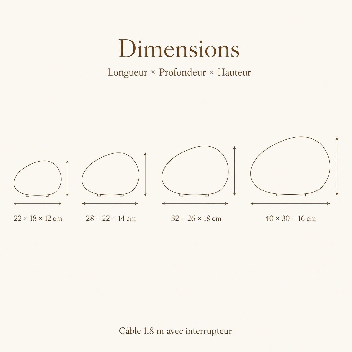Dimension diagram of the four Edlen pebble table lamp sizes | Wickleigh