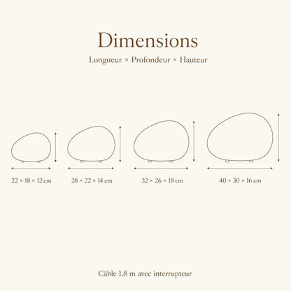 Dimension diagram of the four Edlen pebble table lamp sizes | Wickleigh