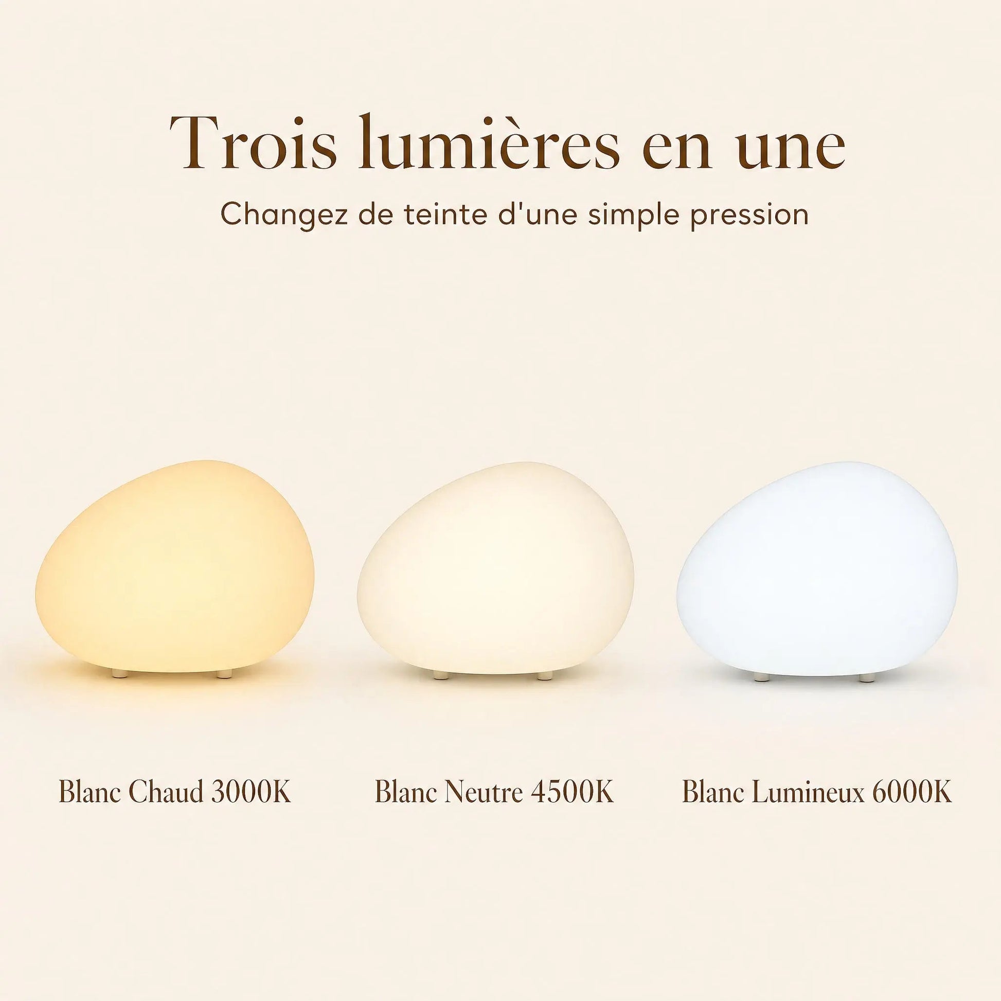 The three light temperatures of the Edlen pebble lamp, warm white, neutral and bright white | Wickleigh