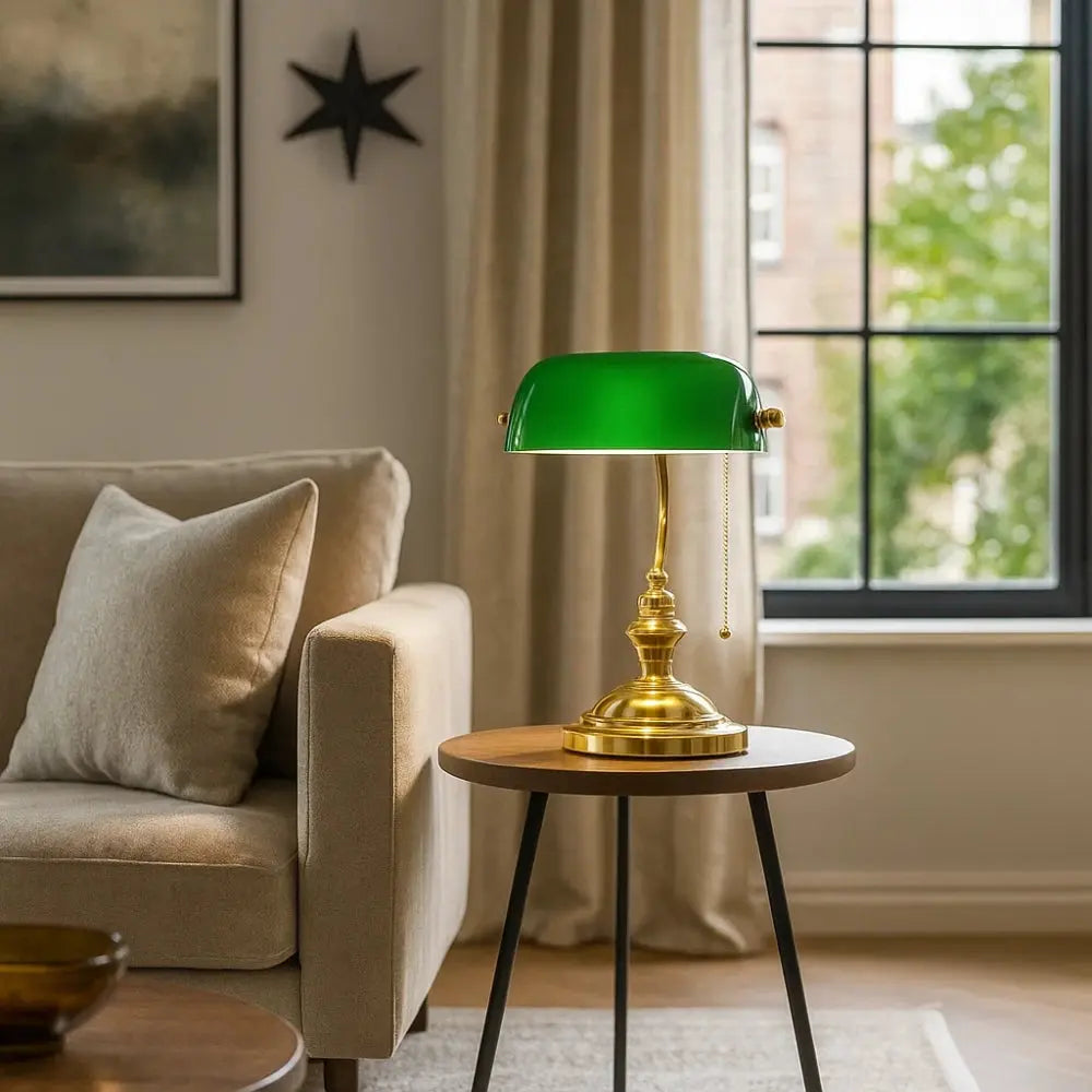 Ralen banker's desk lamp, green glass shade | Wickleigh
