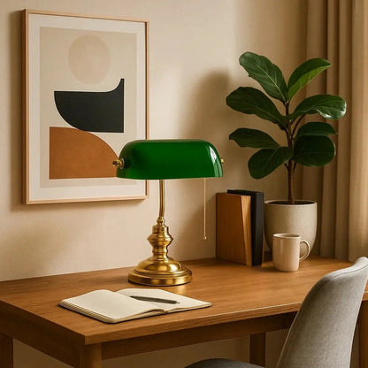 Ralen banker's desk lamp, green glass shade | Wickleigh