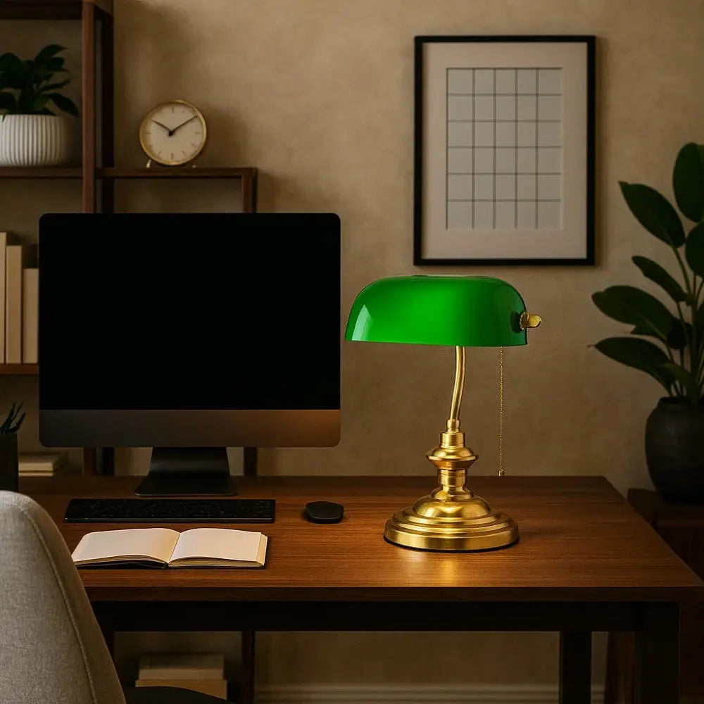 Ralen banker's desk lamp, green glass shade | Wickleigh