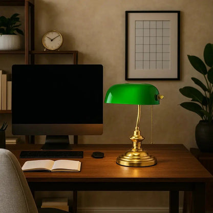Ralen banker's desk lamp, green glass shade | Wickleigh