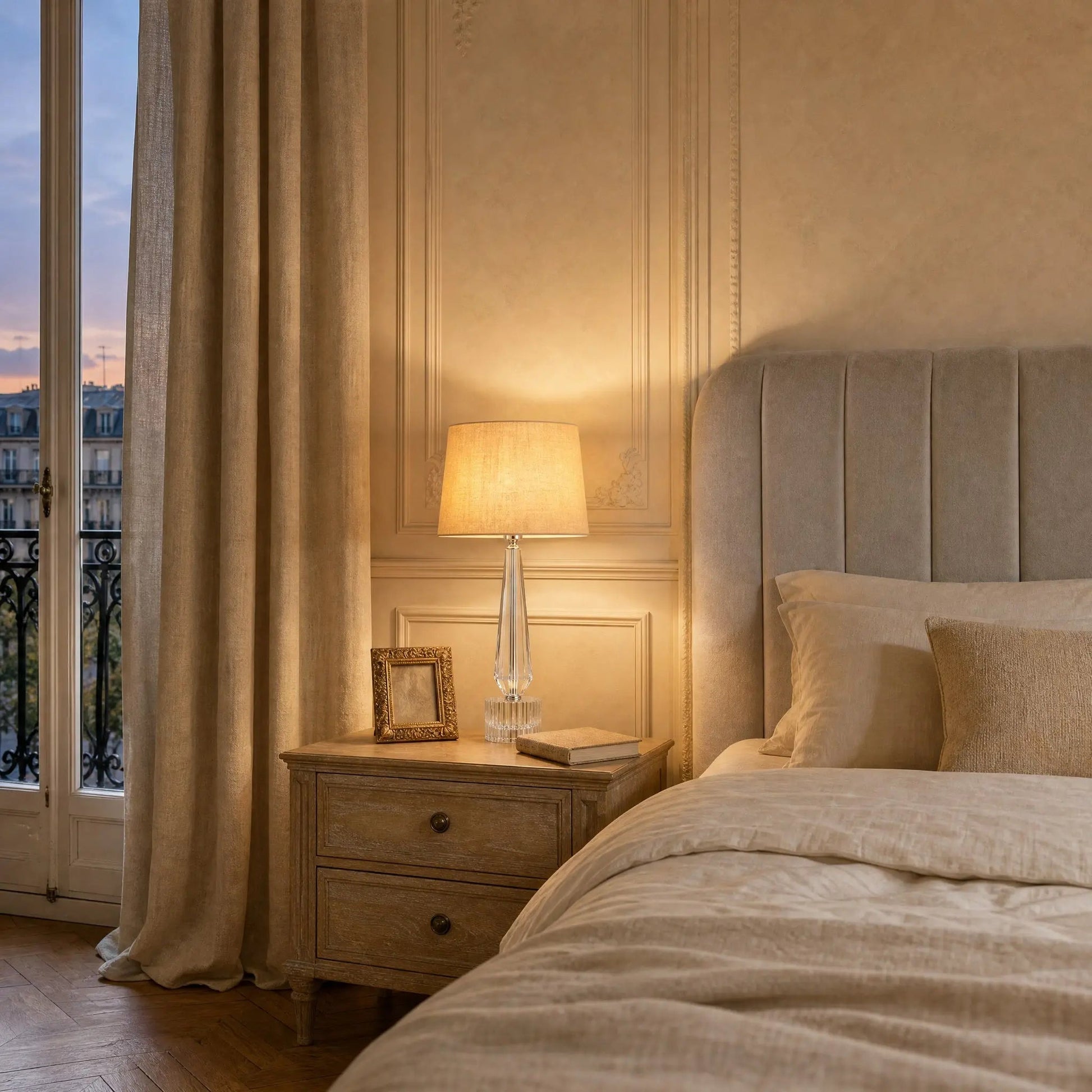 Malna crystal bedside lamp lit on a nightstand, bedroom at dusk | Wickleigh