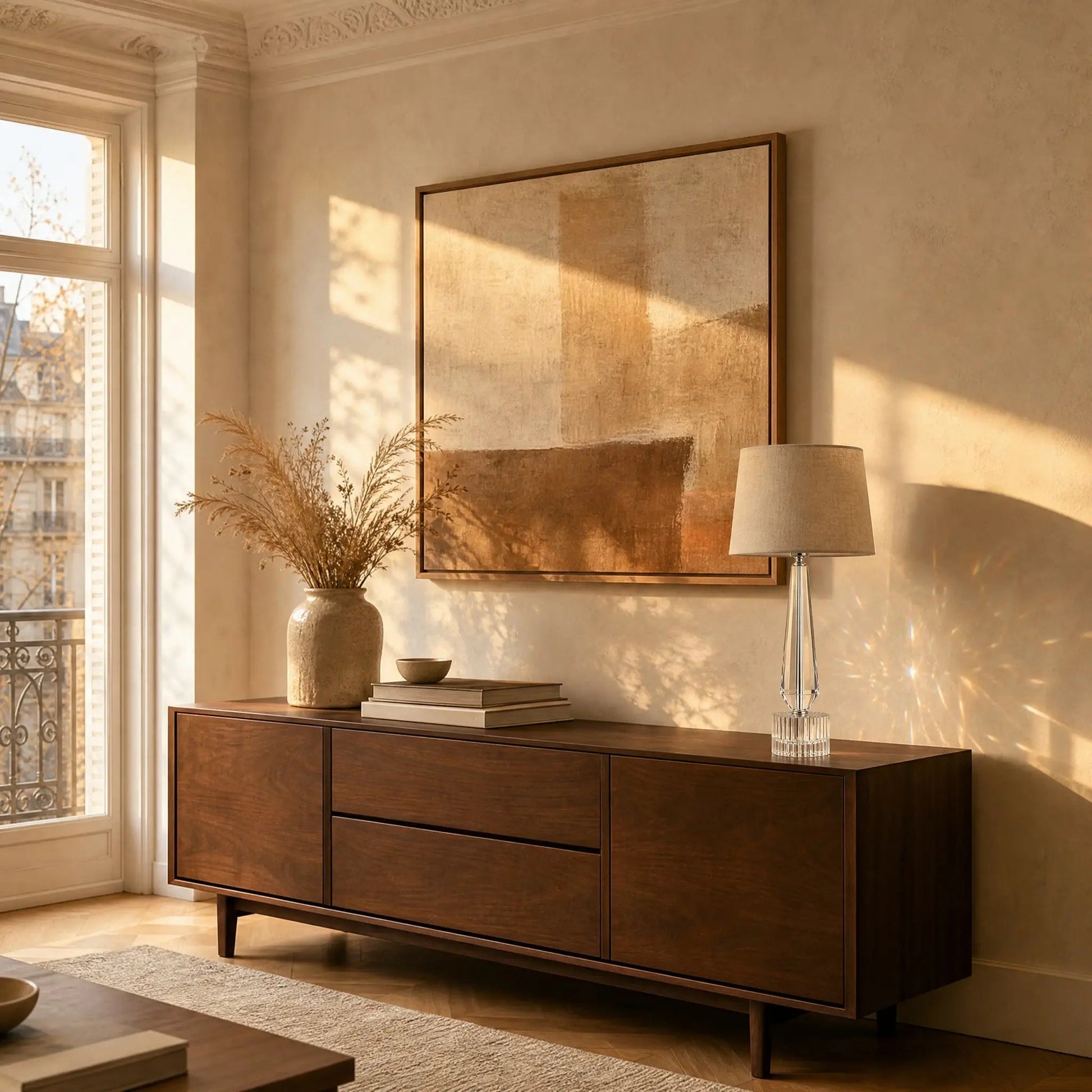 Malna crystal bedside lamp on a living room sideboard, golden light | Wickleigh