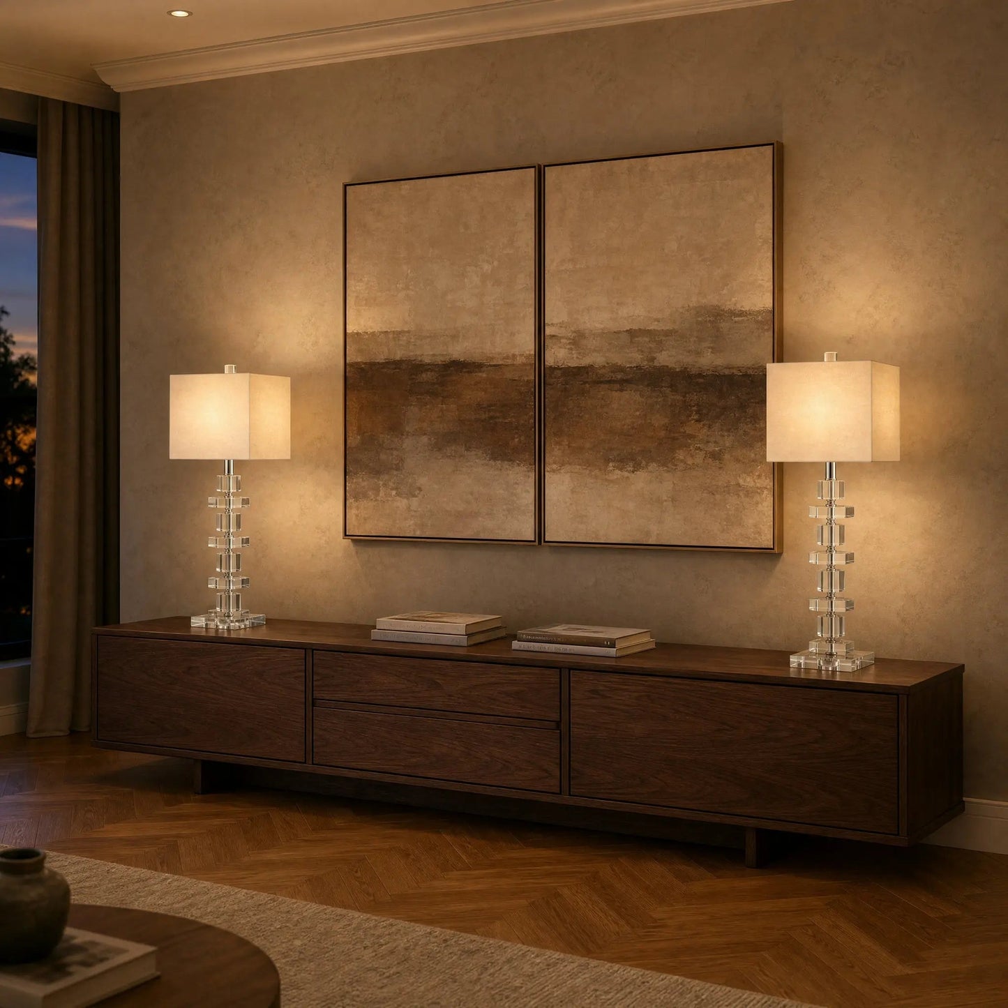 Pair of Malna crystal lamps, Cubes model, lit on a sideboard | Wickleigh