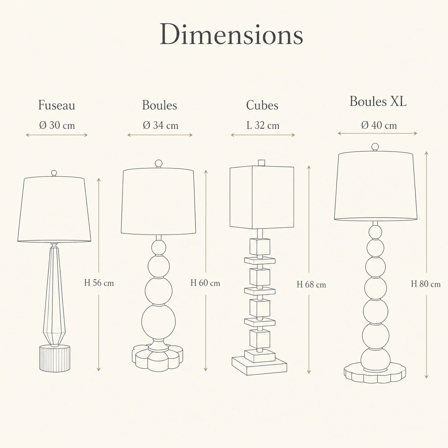 Dimensions of the four Malna crystal lamp silhouettes | Wickleigh