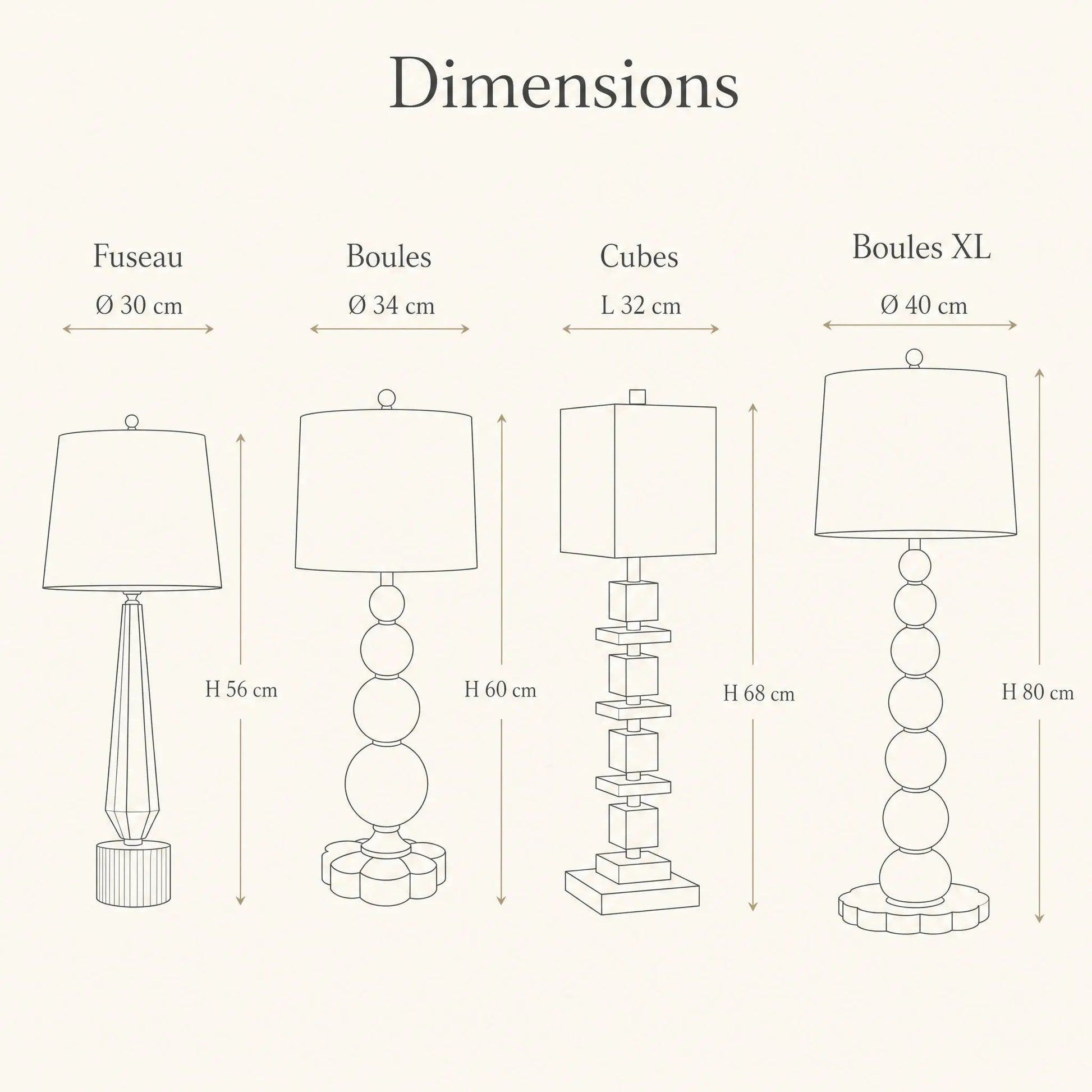 Dimensions of the four Malna crystal lamp silhouettes | Wickleigh