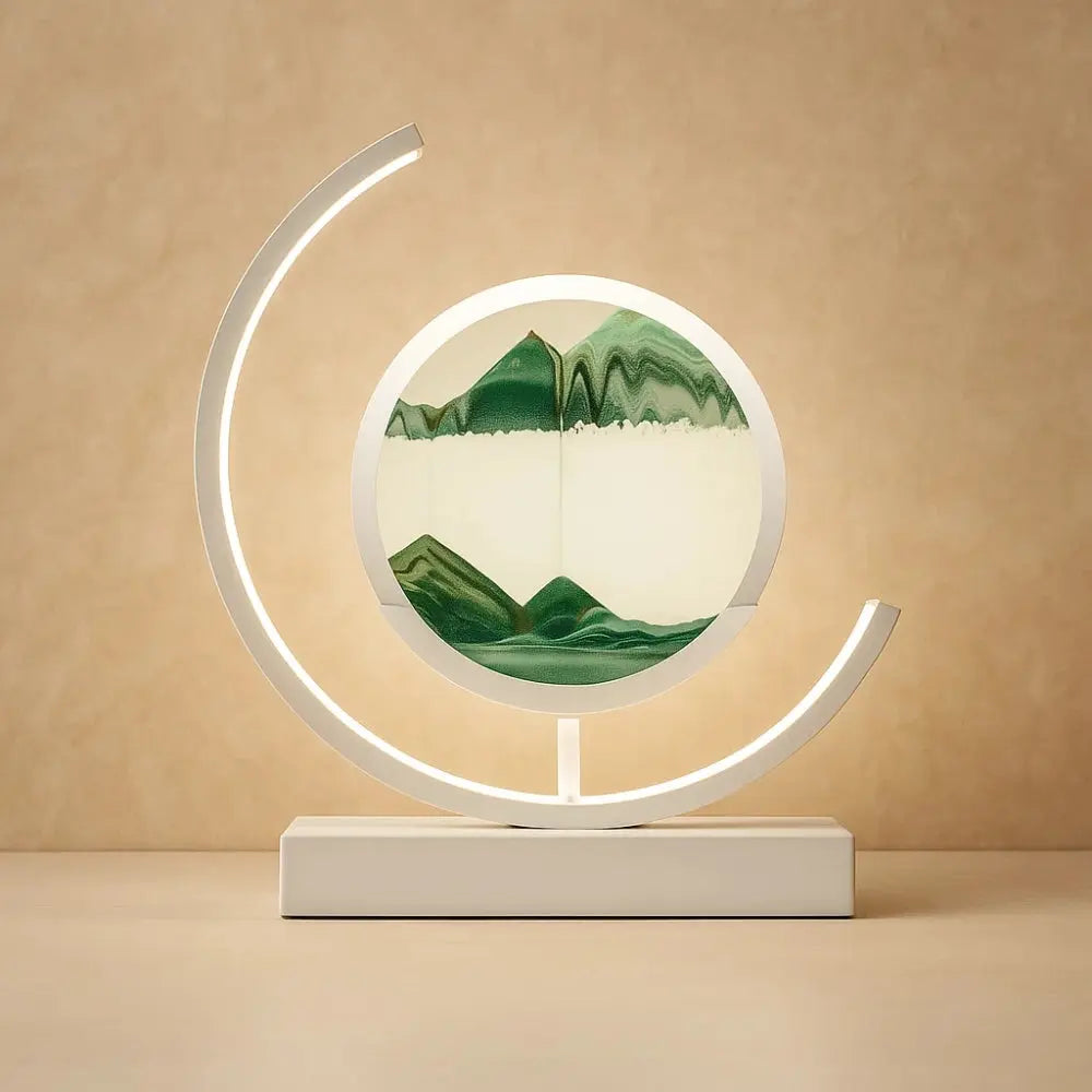 Rilva moving sand art desk lamp, white frame with green sand | Wickleigh