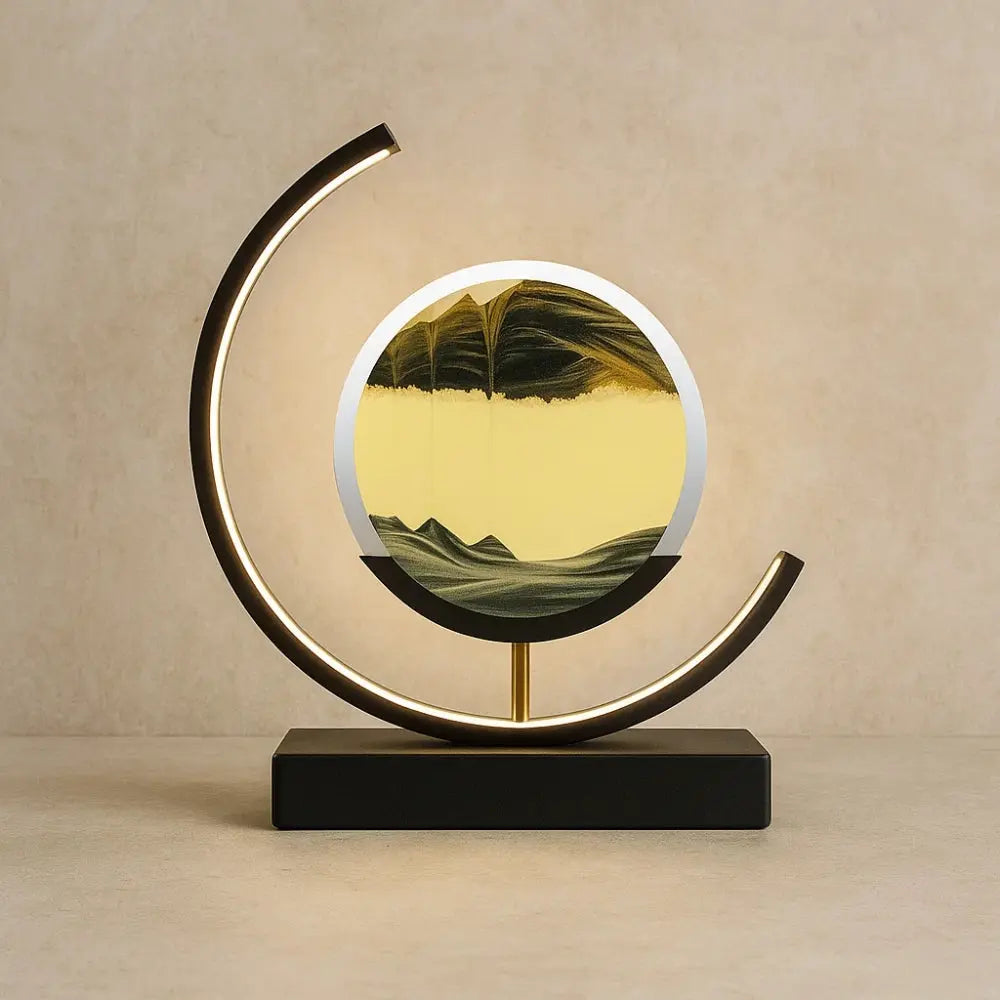 Rilva moving sand art desk lamp, black frame with black sand | Wickleigh