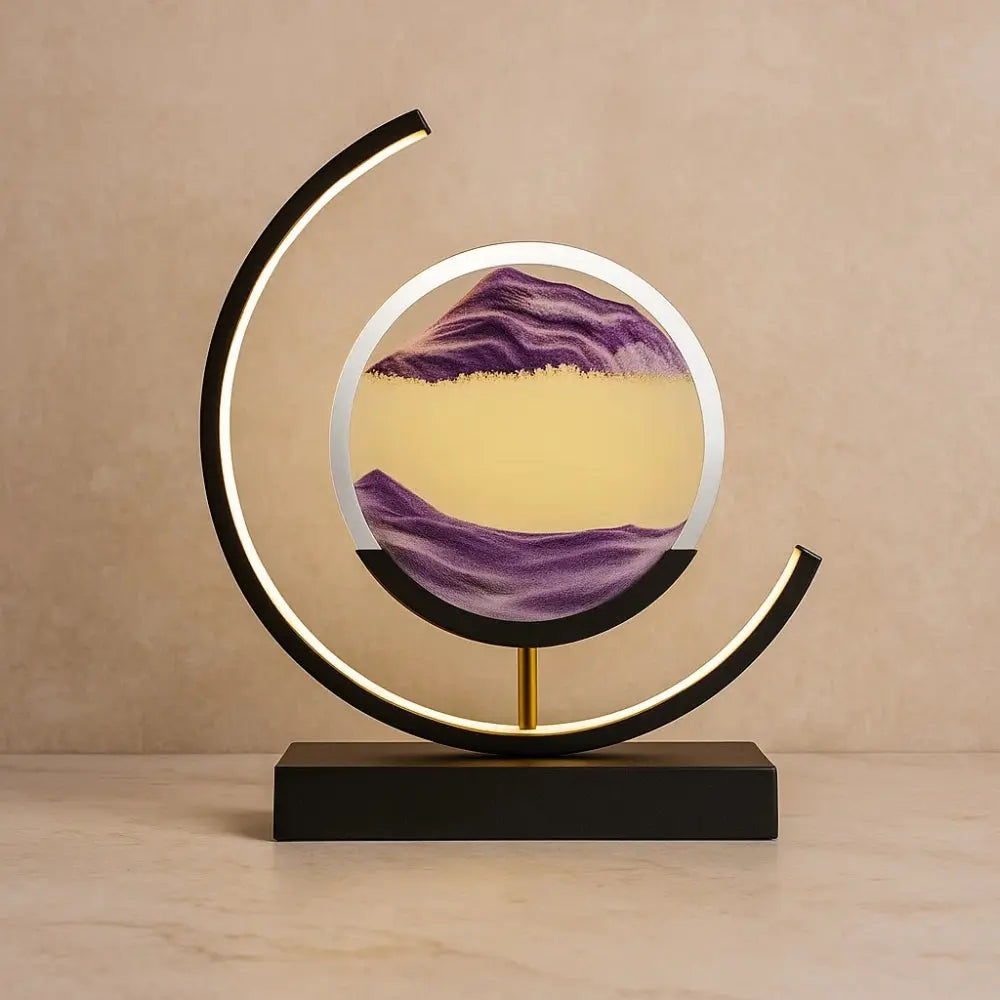 Rilva moving sand art desk lamp, black frame with purple sand | Wickleigh