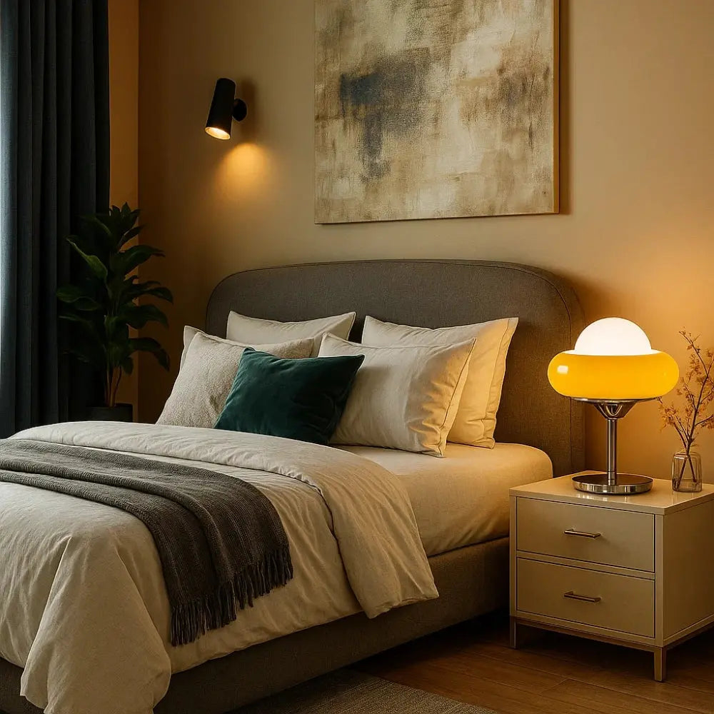 Vigen vintage table lamp, coloured glass ring and frosted globe, packshot | Wickleigh