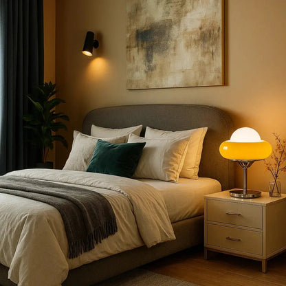 Vigen vintage table lamp, coloured glass ring and frosted globe, packshot | Wickleigh
