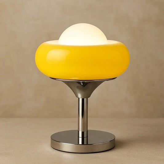 Vigen vintage table lamp, coloured glass ring and frosted globe, packshot | Wickleigh