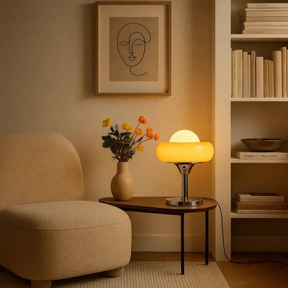 Vigen vintage table lamp, coloured glass ring and frosted globe, packshot | Wickleigh